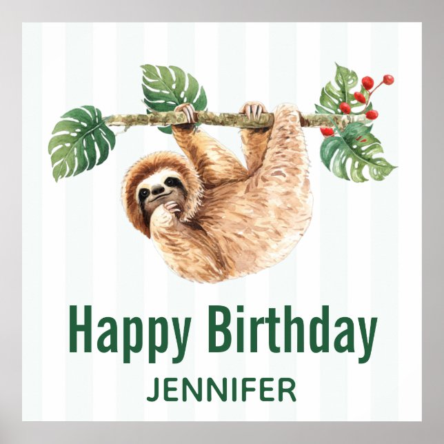 Cute Sloth Hanging Upside Down Watercolor Birthday Poster (Front)
