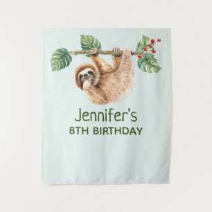 Cute Sloth Hanging Upside Down Watercolor Birthday Tapestry