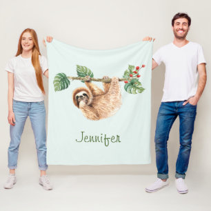 Cute Sloth Hanging Upside Down Watercolor Fleece Blanket