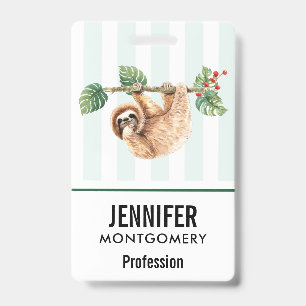 Cute Sloth Hanging Upside Down Watercolor ID Badge