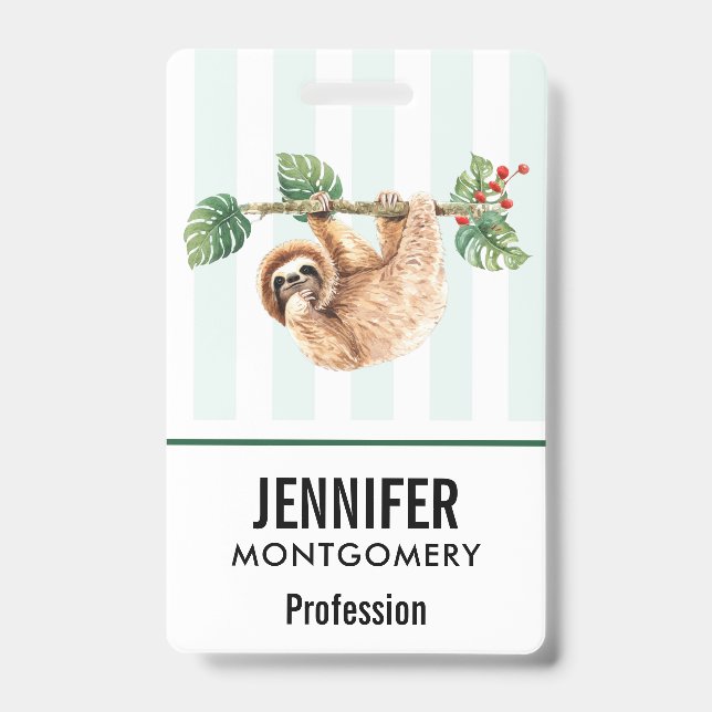 Cute Sloth Hanging Upside Down Watercolor ID Badge (Front)