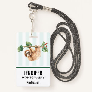 Cute Sloth Hanging Upside Down Watercolor ID Badge