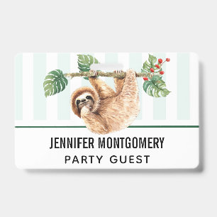 Cute Sloth Hanging Upside Down Watercolor ID Badge