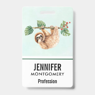 Cute Sloth Hanging Upside Down Watercolor ID Badge