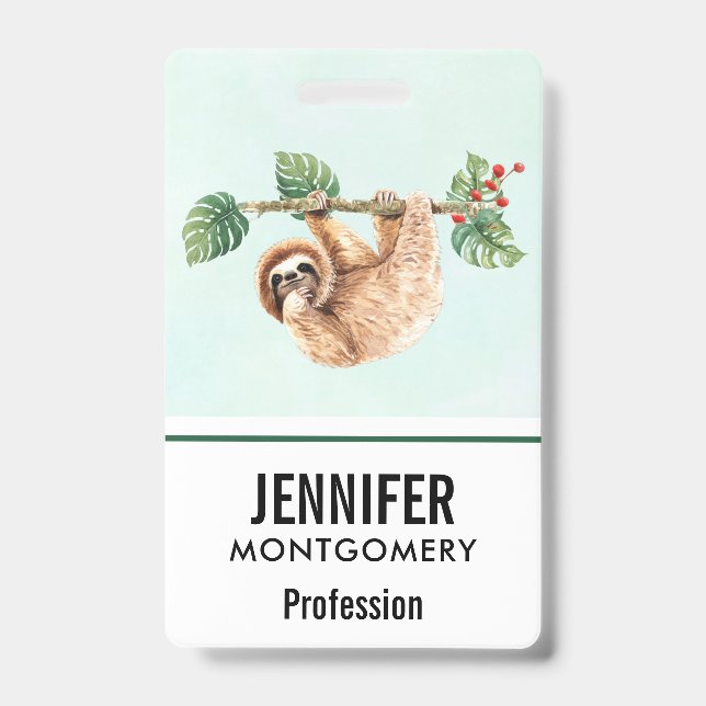 Cute Sloth Hanging Upside Down Watercolor ID Badge (Front)
