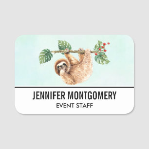 Cute Sloth Hanging Upside Down Watercolor Name Tag