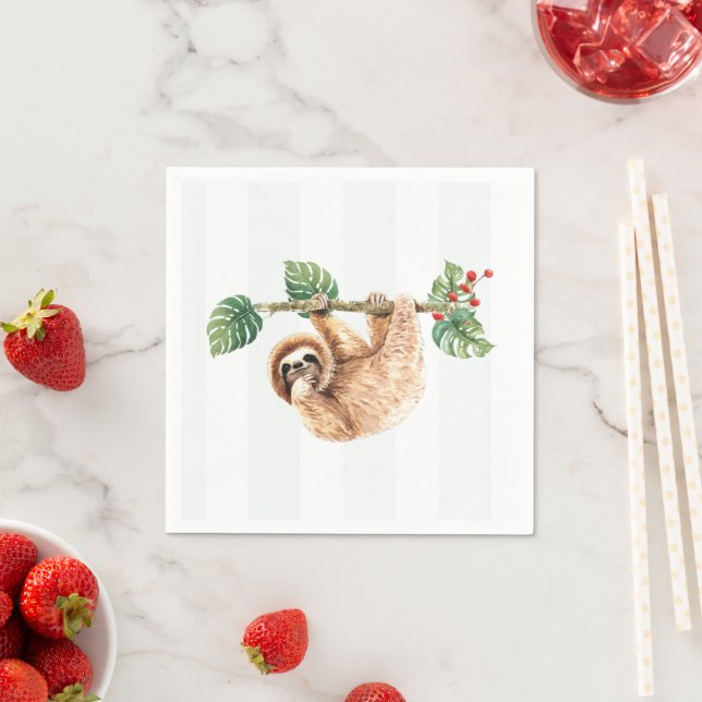 Cute Sloth Hanging Upside Down Watercolor Napkin (Insitu)