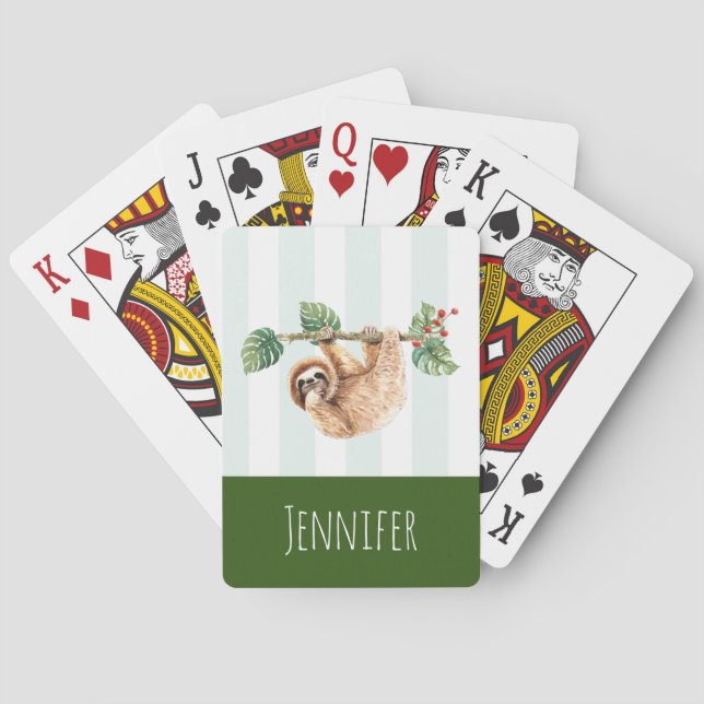 Cute Sloth Hanging Upside Down Watercolor Playing Cards (Back)