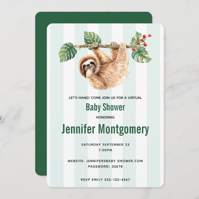 Cute Sloth Hanging Upside Down Watercolor Shower Invitation (Front/Back)