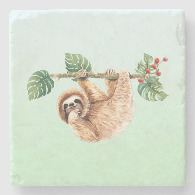 Cute Sloth Hanging Upside Down Watercolor Stone Coaster (Front)