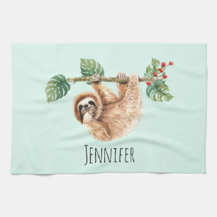 Cute Sloth Hanging Upside Down Watercolor Tea Towel