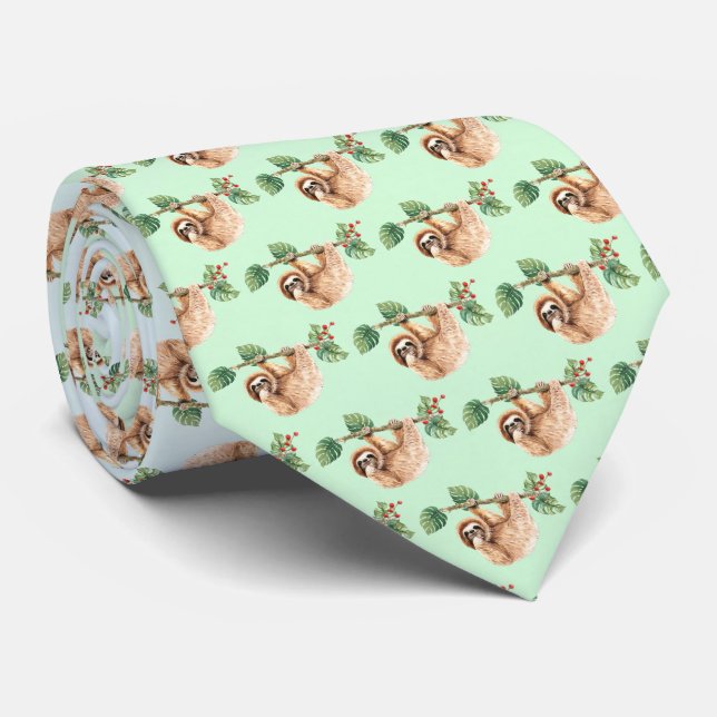 Cute Sloth Hanging Upside Down Watercolor Tie (Rolled)