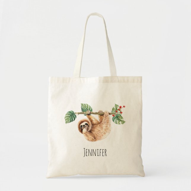 Cute Sloth Hanging Upside Down Watercolor Tote Bag (Front)