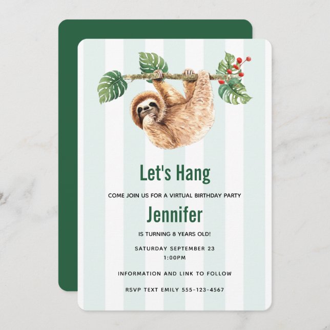 Cute Sloth Hanging Upside Down Watercolor Virtual Invitation (Front/Back)