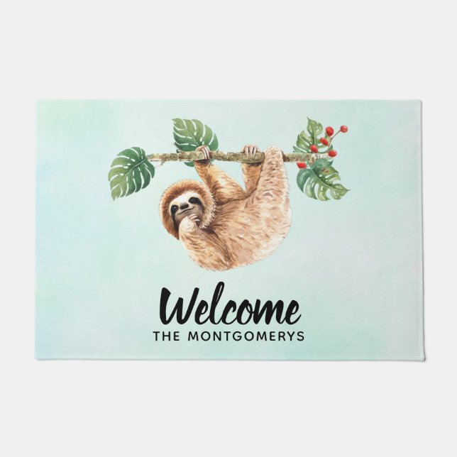 Cute Sloth Hanging Upside Down Watercolor Welcome Doormat (Front)