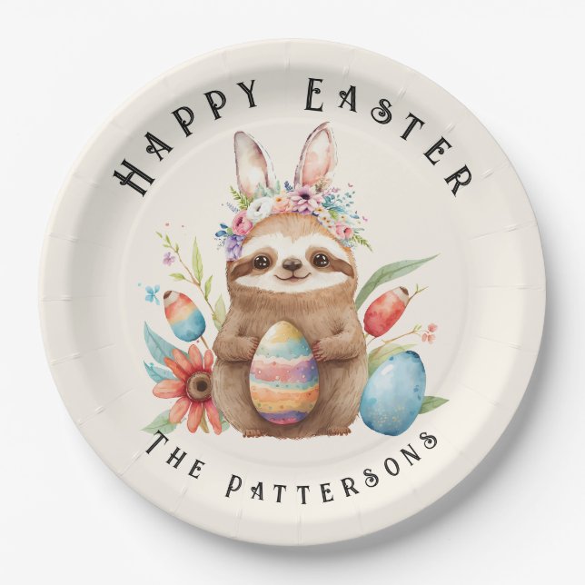 Cute Sloth Happy Easter Bunny Rabbit Eggs Name Paper Plate (Front)