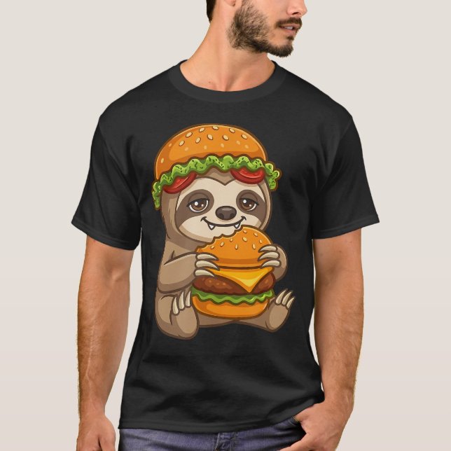 Cute Sloth Holding Cheeseburger T-Shirt (Front)