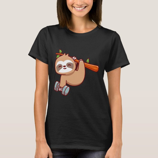 Cute Sloth Holding Dumbbell T-Shirt (Front)