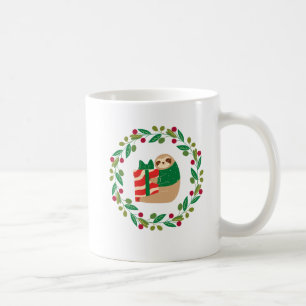 Cute Sloth Holding Gift Box in Wreath Circle Coffee Mug