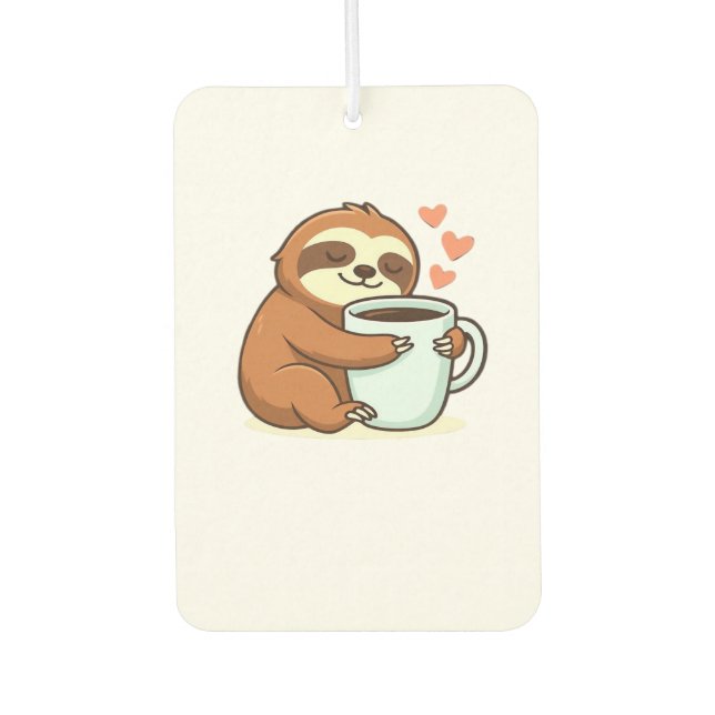 Cute Sloth Hugging Big Coffee Cup Premium T-Shirt Car Air Freshener (Front)
