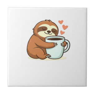 Cute Sloth Hugging Big Coffee Cup Premium T-Shirt Ceramic Tile