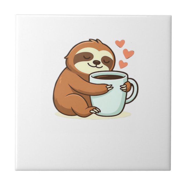Cute Sloth Hugging Big Coffee Cup Premium T-Shirt Ceramic Tile (Front)