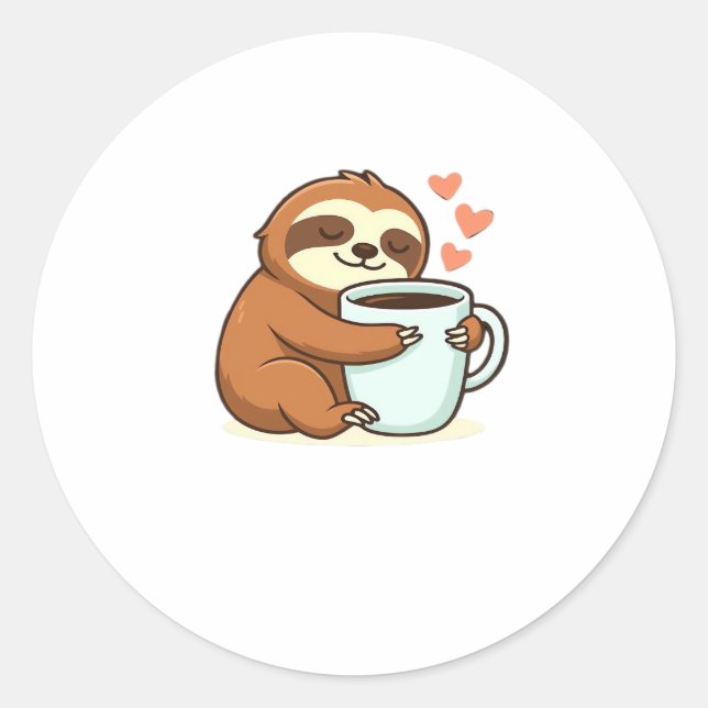 Cute Sloth Hugging Big Coffee Cup Premium T-Shirt Classic Round Sticker (Front)