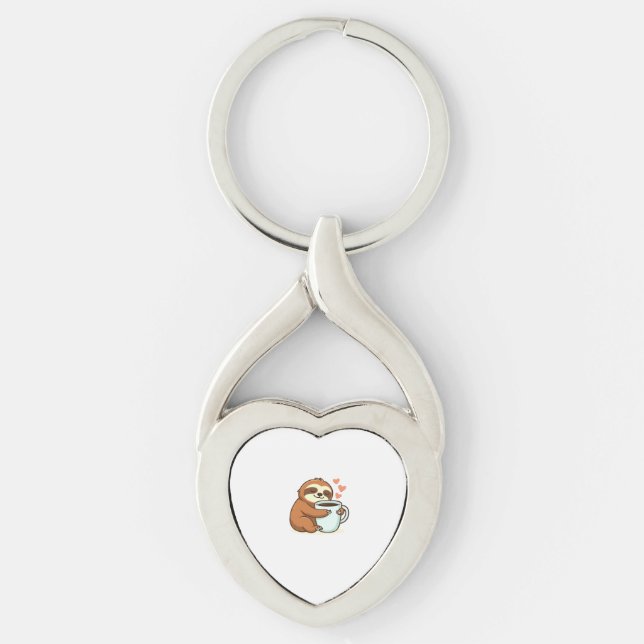 Cute Sloth Hugging Big Coffee Cup Premium T-Shirt Key Ring (Front)