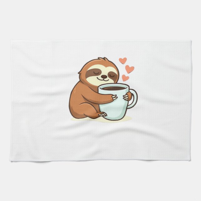 Cute Sloth Hugging Big Coffee Cup Premium T-Shirt Tea Towel (Horizontal)