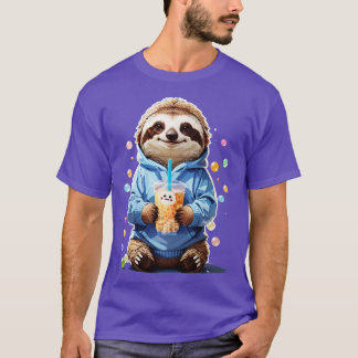 Cute Sloth in a hoodie drinking bubble tea boba v1 T-Shirt