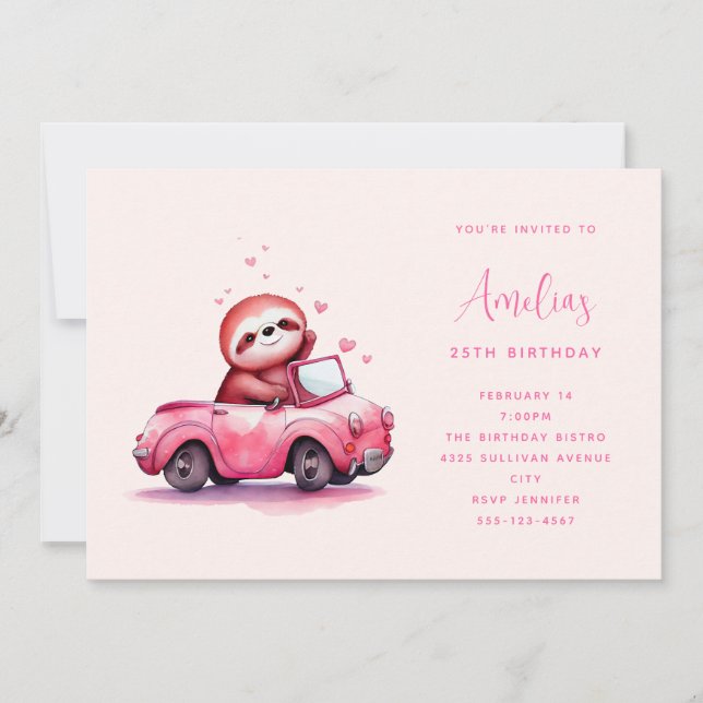 Cute Sloth in a Pink Convertible  Birthday Invitation (Front)