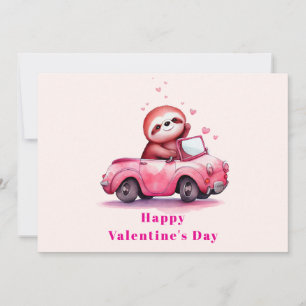 Cute Sloth in a Pink Convertible Valentine's Day Holiday Card