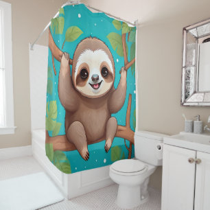 Cute sloth in a tree illustration shower curtain