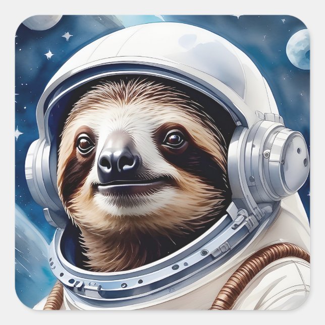 Cute Sloth in Astronaut Suit in Outer Space Square Sticker (Front)