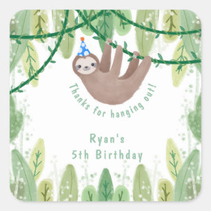 Cute sloth in blue & white polka dot party hat square sticker