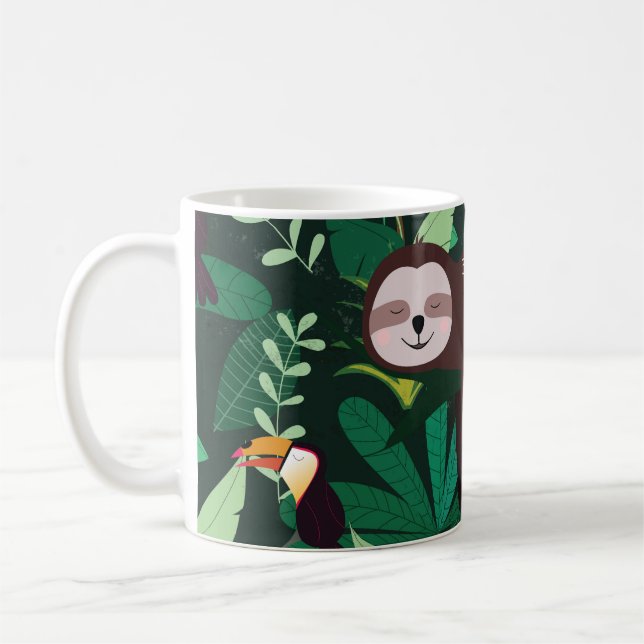 Cute sloth in green tropical illustration pattern coffee mug (Left)