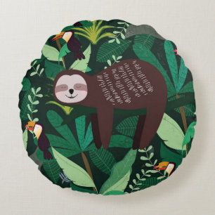 Cute sloth in green tropical illustration pattern round cushion