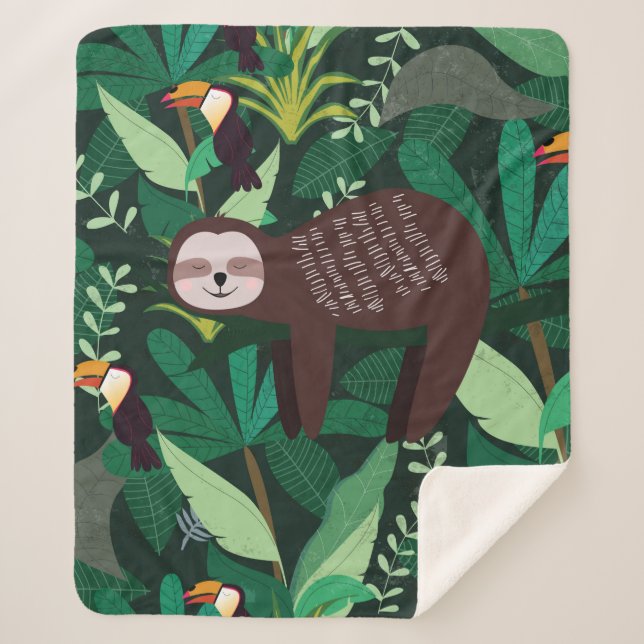 Cute sloth in green tropical illustration pattern sherpa blanket (Front)