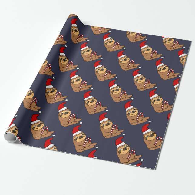 Cute Sloth in Santa Hat Christmas Cartoon Wrapping Paper (Unrolled)