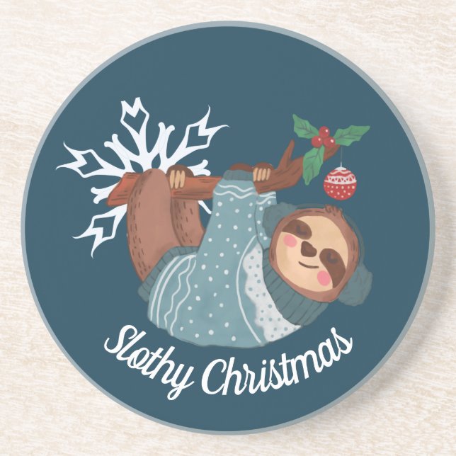 Cute Sloth in Sweater for a Slothy Christmas Coaster (Front)