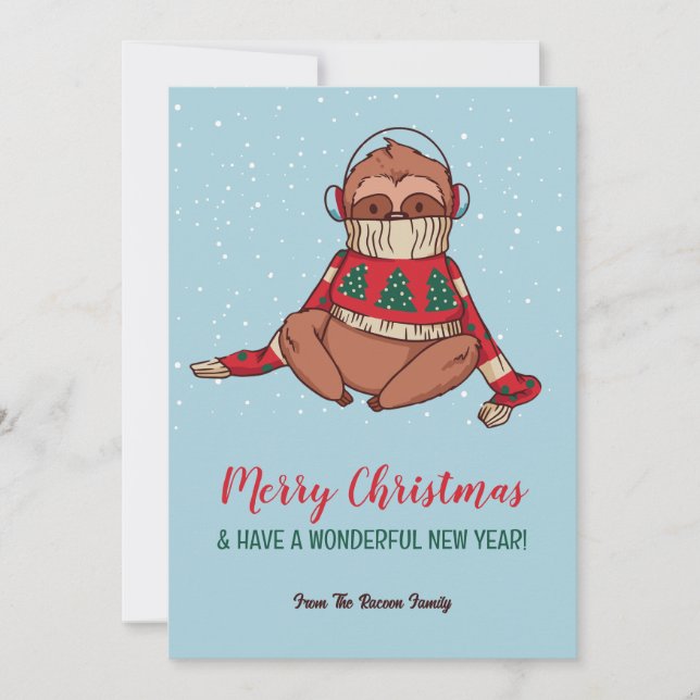 Cute Sloth in Sweater Snowy Winter Merry Christmas Holiday Card (Front)