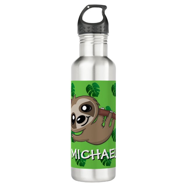 Cute Sloth Jungle Green Cartoon Zoo Safari Name 710 Ml Water Bottle (Front)