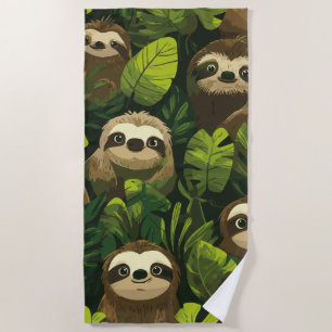 Cute Sloth Jungle Pattern – Green Leaf Design Beach Towel