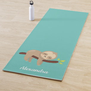 Cute Sloth Kawaii Animal Illustration on Aqua Blue Yoga Mat