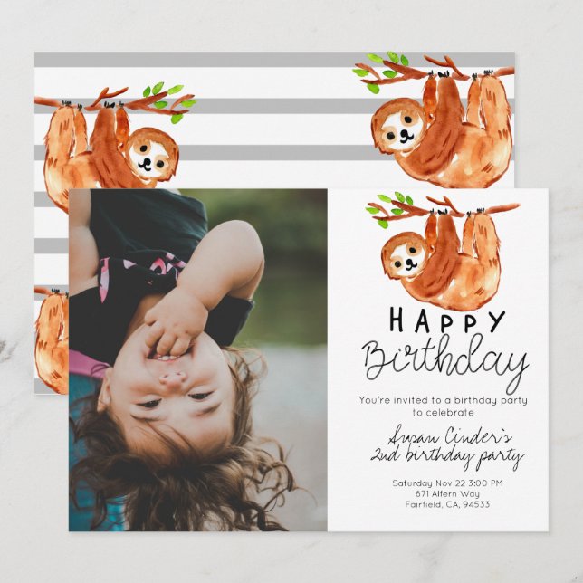 Cute sloth kid birthday photo invitation (Front/Back)