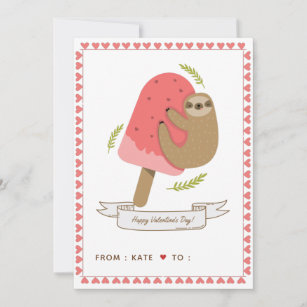 Cute Sloth Kids School Friend Valentine's Day Pink Holiday Card