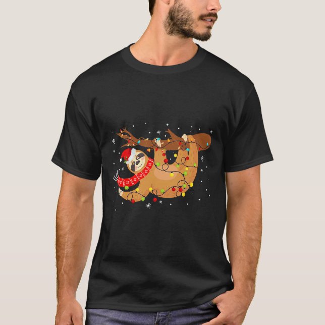 Cute Sloth Lights Santa Hat Xmas Tree T-Shirt (Front)