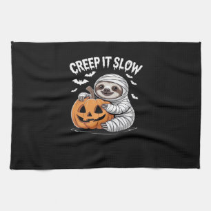 Cute Sloth Lovers Funny Halloween Pumpkin Essentia Tea Towel