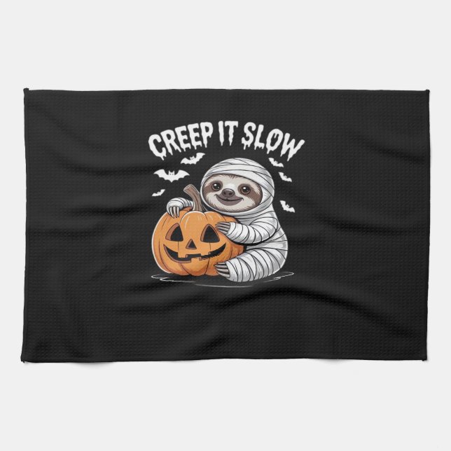 Cute Sloth Lovers Funny Halloween Pumpkin Essentia Tea Towel (Horizontal)