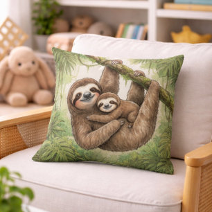 Cute Sloth Mama And Baby Jungle Animals Cushion